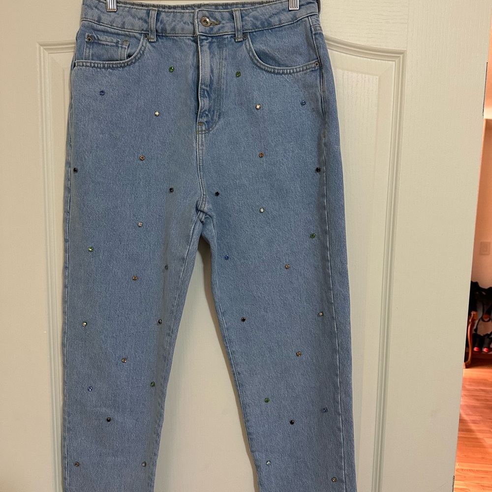 Zara Blue Straight Leg Jeans with Colorful Accents